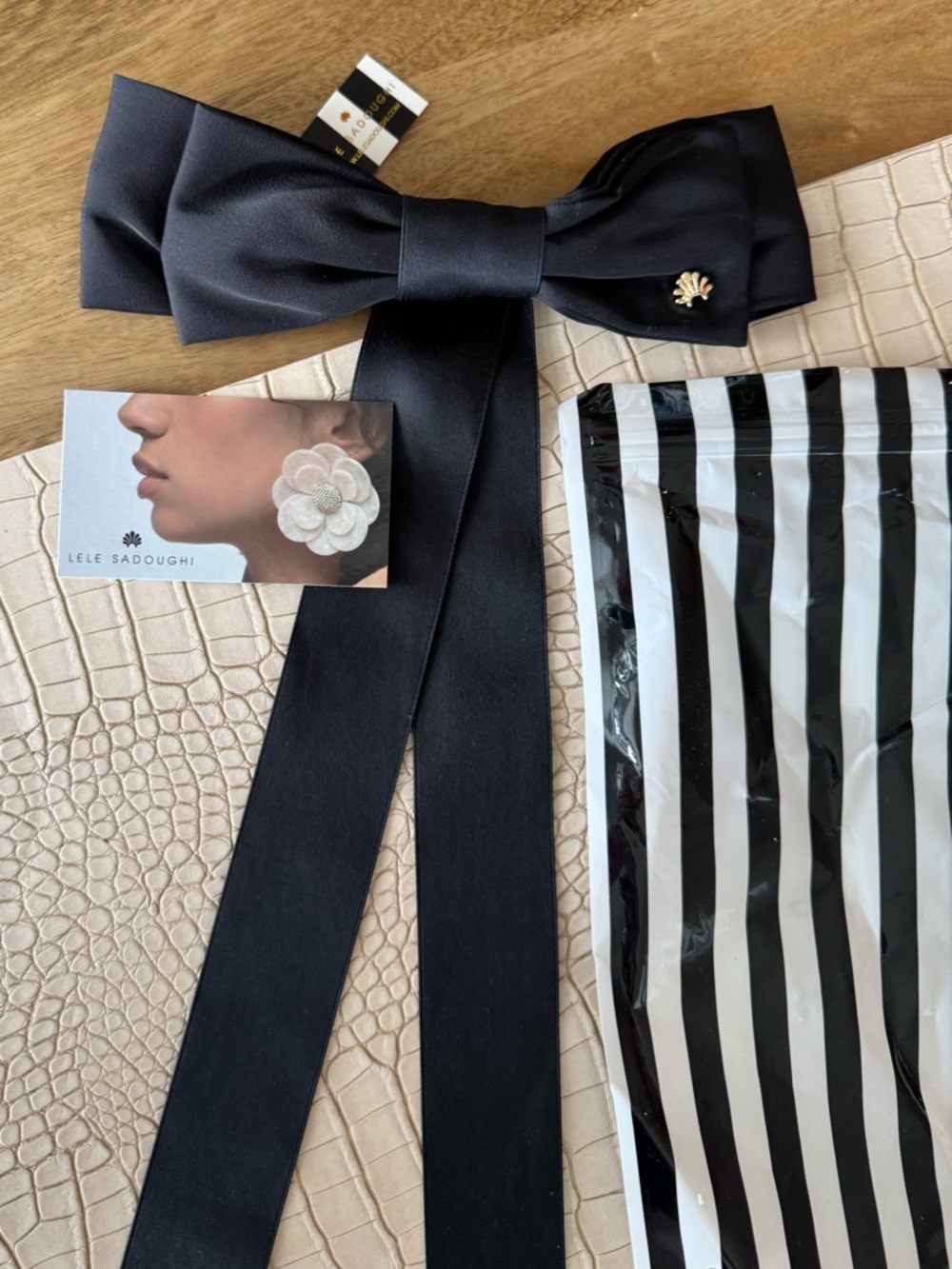 Lele Sadoughi Black Satin Bow Head Wrap with Gold Accent Pin